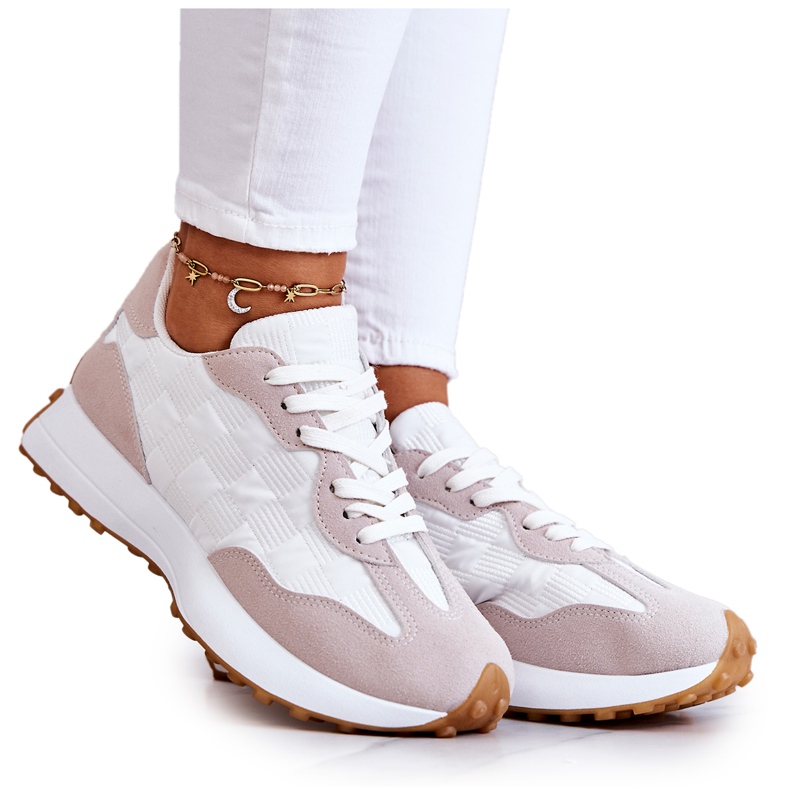 FJ1 Tênis Esportivo Clássico, Amarrado Branco e Bege Patrice