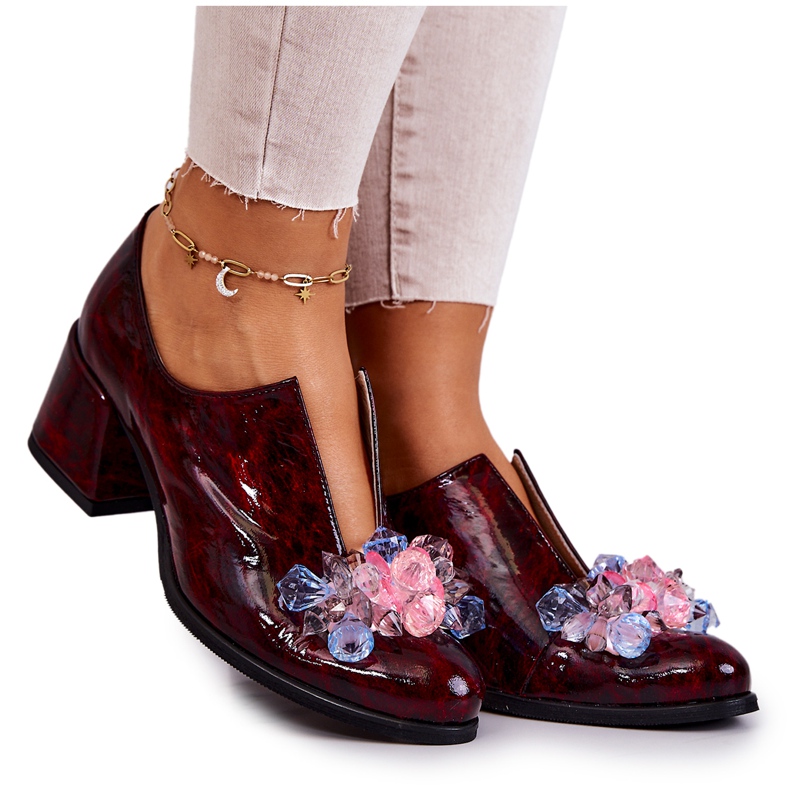 PA2 Salto alto de couro elegante com decoração Borgonha Delaver vermelho