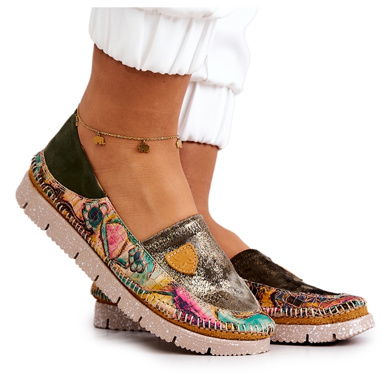 Mocassins femininos de couro Maciejka 05434-09 verde multicolorido