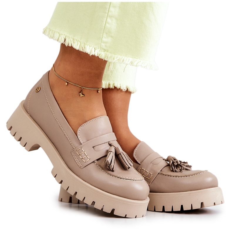 Sapatos de couro feminino Franjas Maciejka 05497-04 Bege