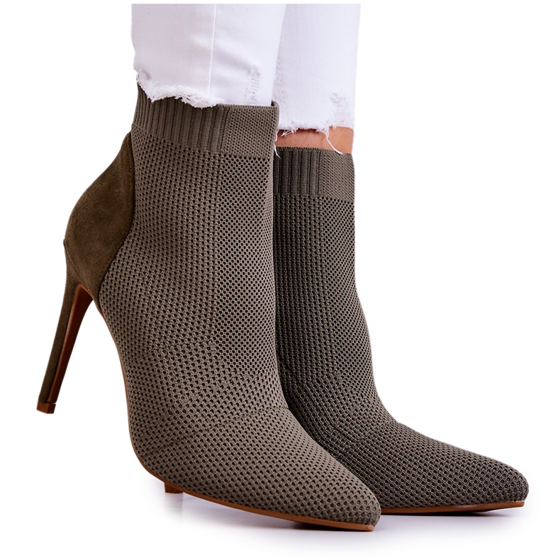 S.Barski Botas femininas com uma meia em um salto alto cáqui na noite passada castanho verde