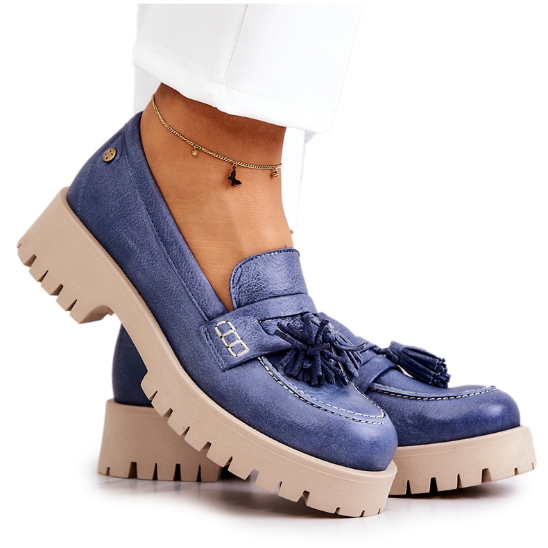 Sapatos femininos de couro Franjas Maciejka 05497-17 Azul