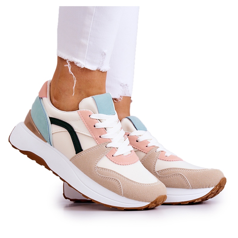 FG2 Tênis esportivos bege e verde coryse amarrados castanho