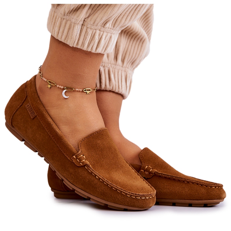 Mocassins femininos de camurça Big Star JJ274660 Camel castanho