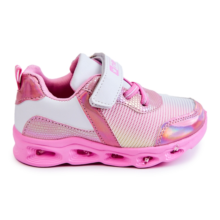 PE1 Sapatos esportivos infantis de couro branco e rosa com presilhas