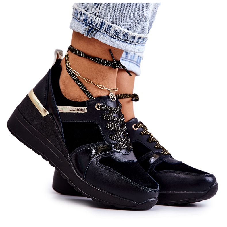 S.Barski Sapatos esportivos de couro preto Rayana em uma cunha