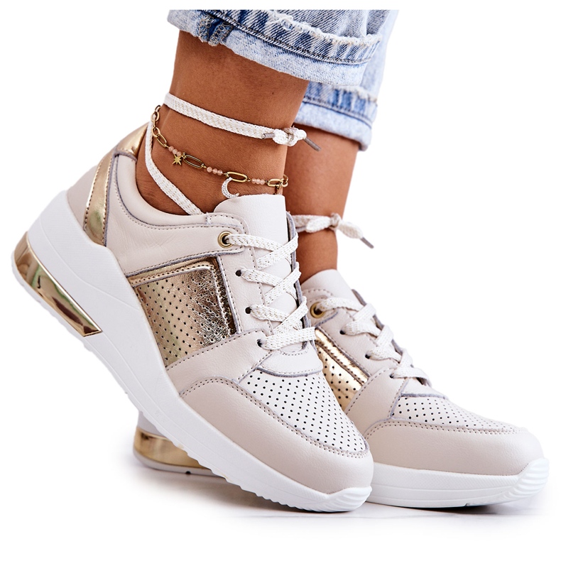 S.Barski Tênis esportivo feminino de couro em cunha bege e branco Larson dourado