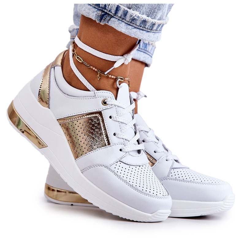 S.Barski Tênis esportivo feminino de couro com cunha branca Larson branco dourado