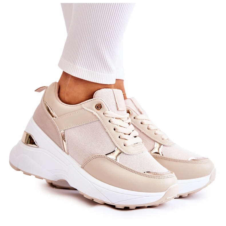 PG1 Tênis esportivo feminino de cunha brilhante atividade bege dourado