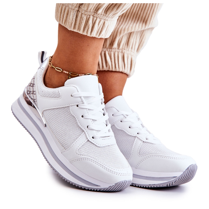 PG1 Tênis esportivo clássico feminino em cunha, branco avançado prata