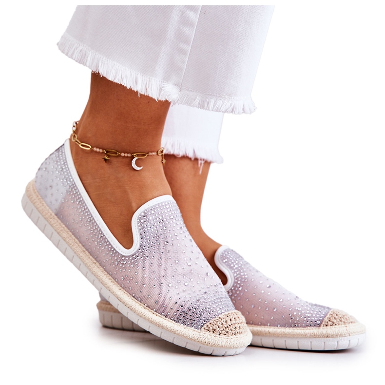PG1 Alpargatas femininas de tecido com zircônias cúbicas cinza Deimos branco prata