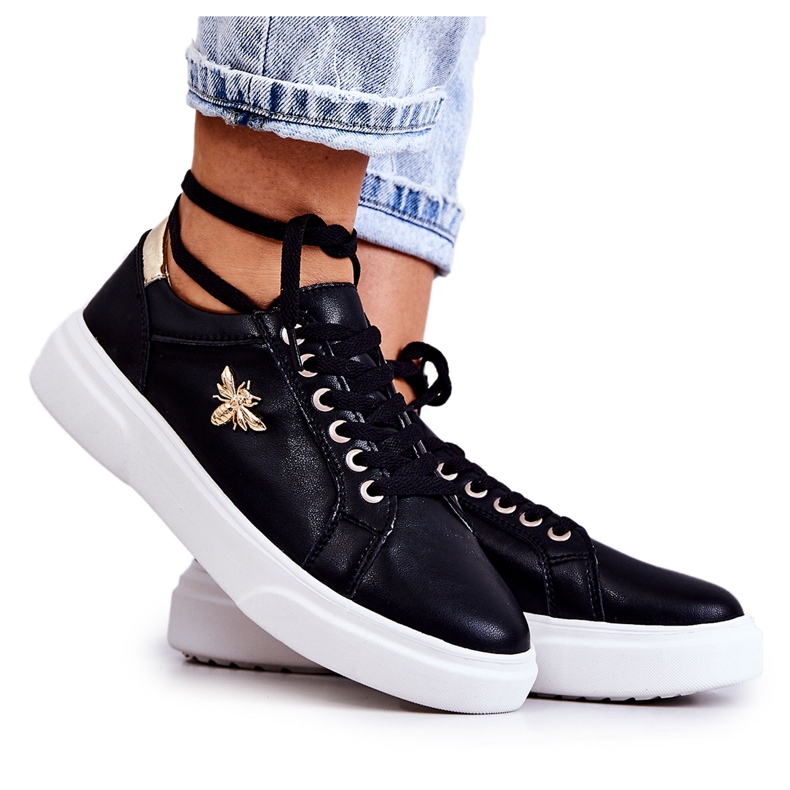 Vinceza Sapatos esportivos de couro com decoração de calerie preta preto dourado