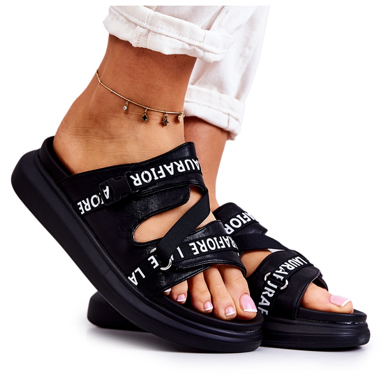 Chinelos femininos de couro da moda La.Fi Black Menifis branco preto