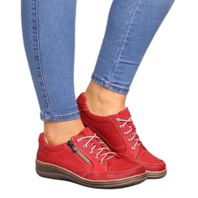 Sapatos femininos de couro com zíper vermelho Helios 357