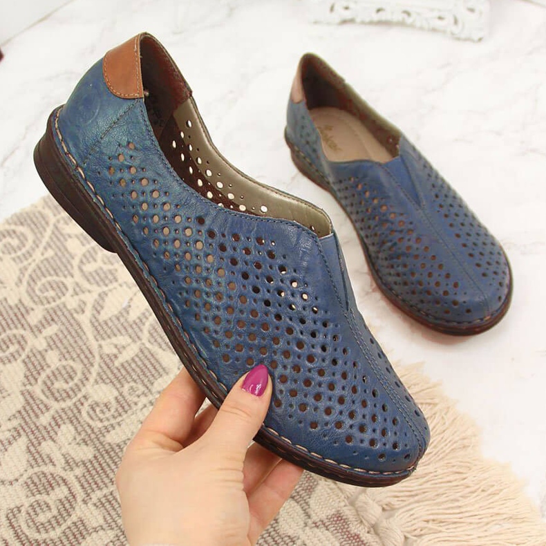 Sapatos femininos de couro a céu aberto Rieker 48457 azul