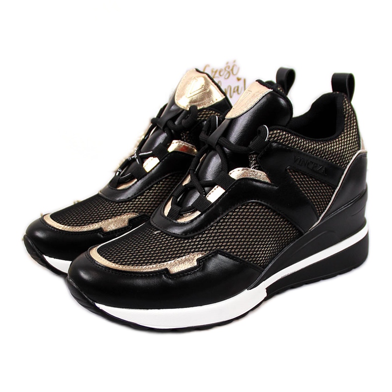 Sneakers de cunha preta de mulher Vinceza preto dourado