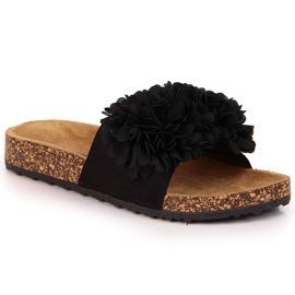 Chinelos pretos femininos com uma flor Jezzi