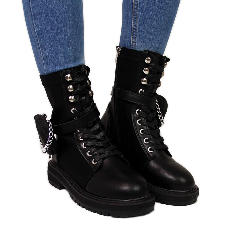 Botas de couro femininas com bolso preto Goe II2N4024