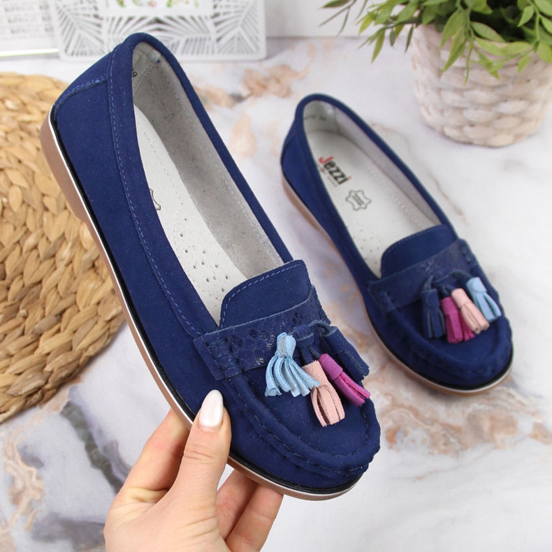 Mocassim feminino de couro com franjas, azul marinho Jezzi