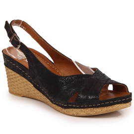 Sandálias femininas de couro com cunha preta Dolce Pietro preto