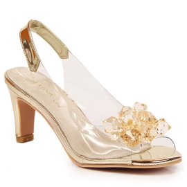 Sandálias femininas transparentes com pedras Sabatina douradas dourado