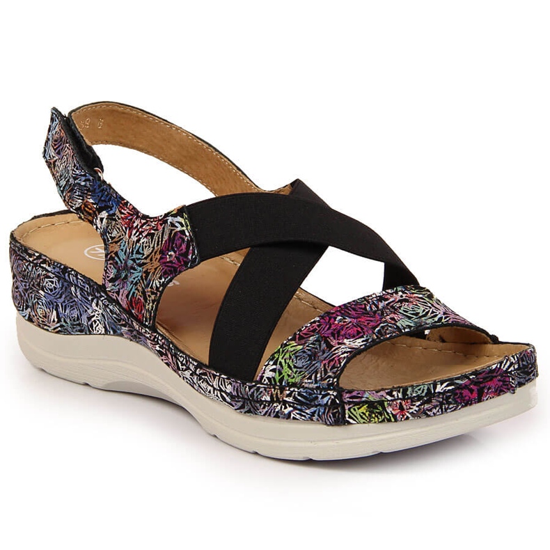 Sandálias femininas de couro em borracha confortável Helios 100 preto multicolorido