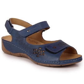 Sandália feminina de couro Helios 266 azul marinho com velcro