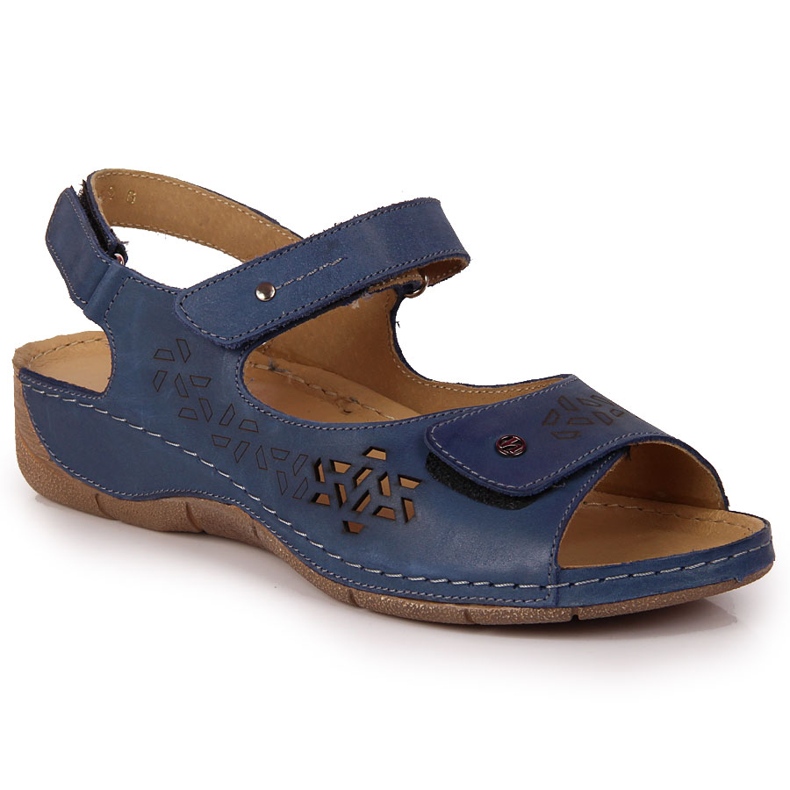 Sandália feminina de couro Helios 266 azul marinho com velcro