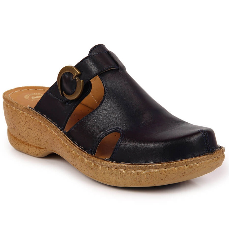 Chinelos de couro em uma cunha azul Łukbut 666 azul marinho