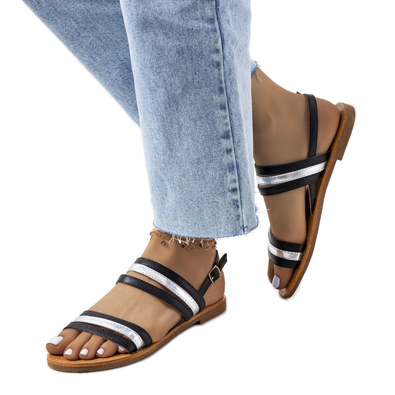 Sandálias Hibbins de mulher negra preto prata