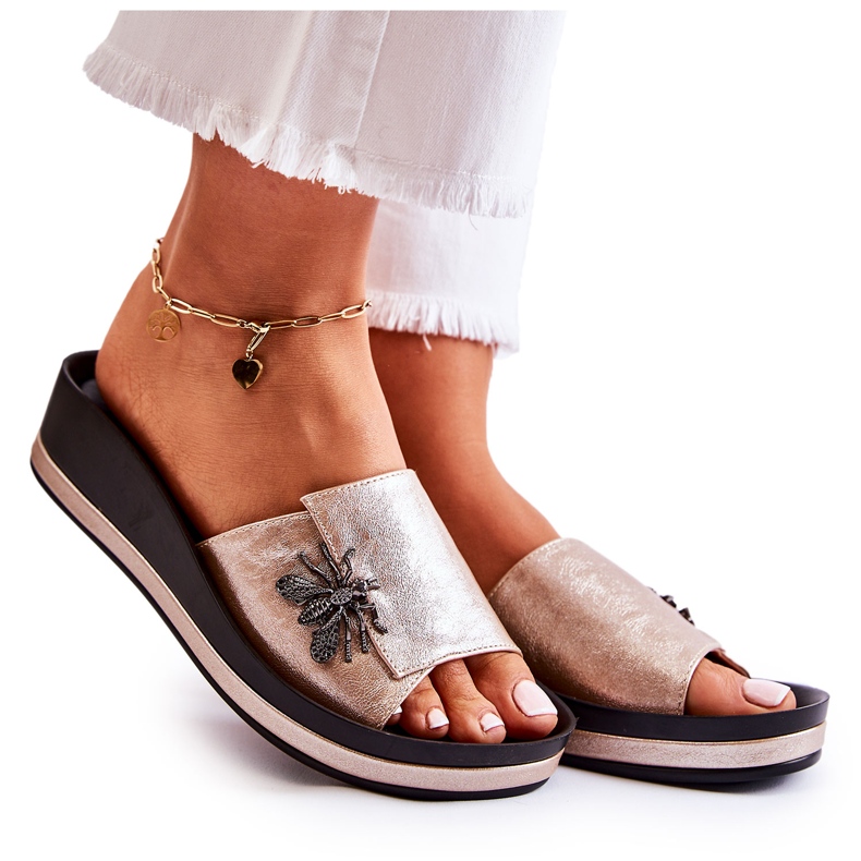 Vinceza Chinelos femininos da moda com decoração dourada Holle dourado