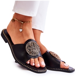 S.Barski Chinelos femininos de couro com ornamento preto Colene S.Barski Chinelos femininos de couro com ornamento preto Colene