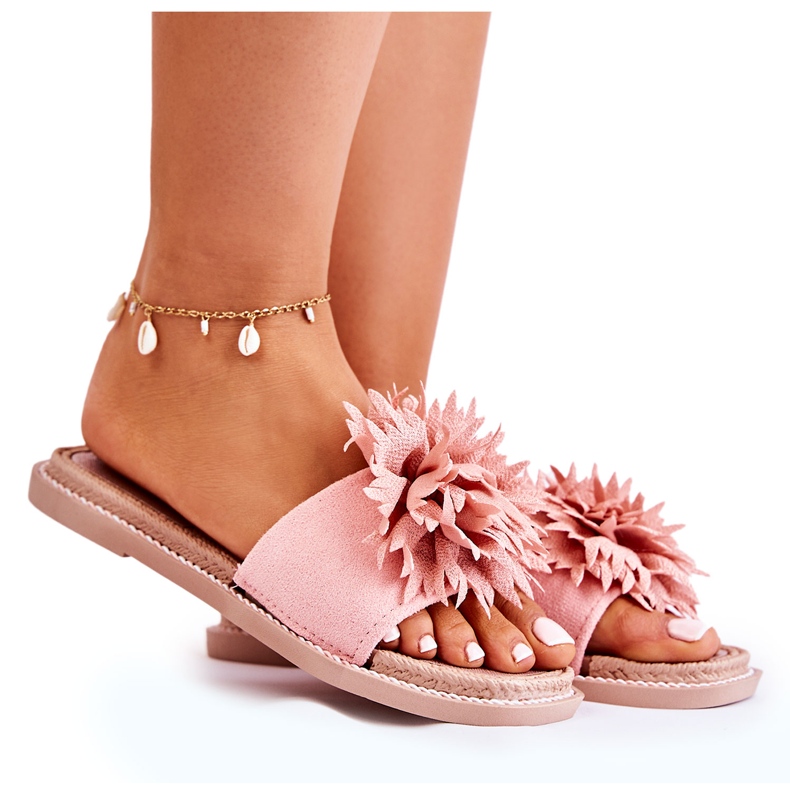 FJ1 Chinelos femininos de camurça com decoração rosa Giorgia
