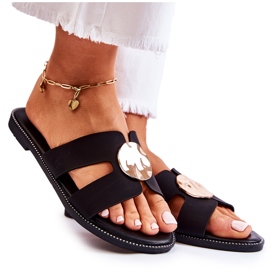 FJ1 Chinelos femininos confortáveis ​​com enfeite preto Leila