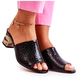 PA2 Chinelos femininos de couro no calcanhar Perry preto dourado