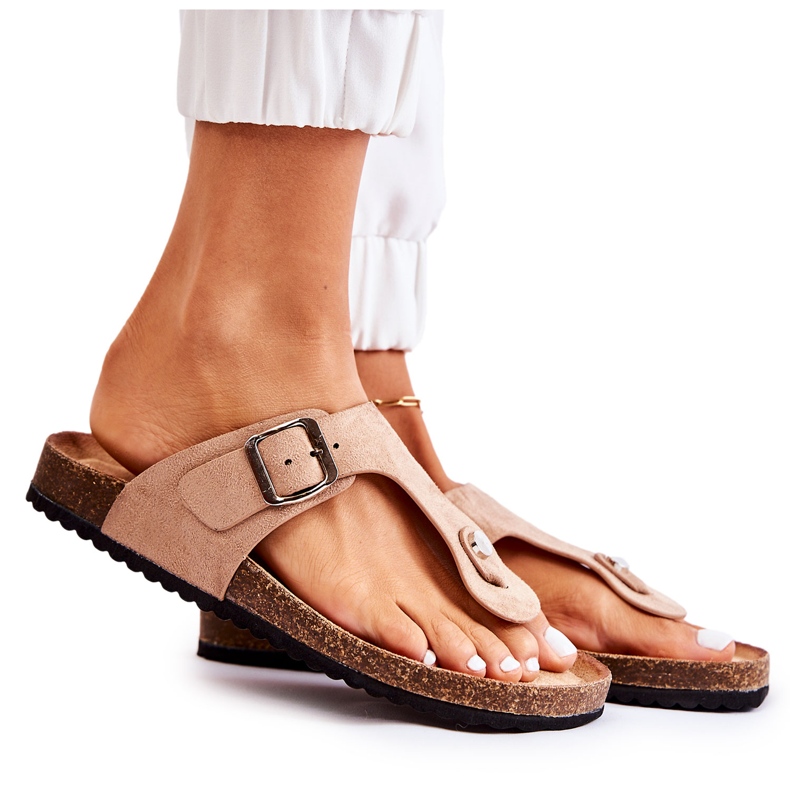 FB1 Chinelos femininos com fivela bege Elina