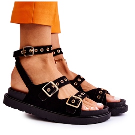 PM1 Sandálias femininas de camurça com tiras pretas Parys preto