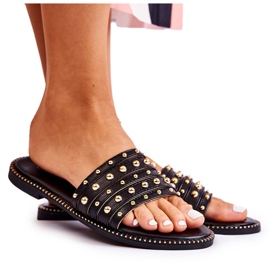 S.Barski Chinelos femininos de couro com ornamento preto Brien