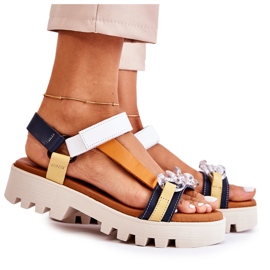 Sandálias de couro com velcro Maciejka L5009-02 Azul Marinho-Branco