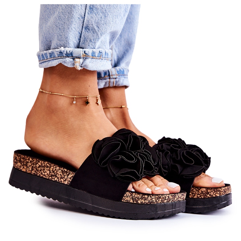 PS1 Chinelos femininos de camurça com ornamento preto Nemis