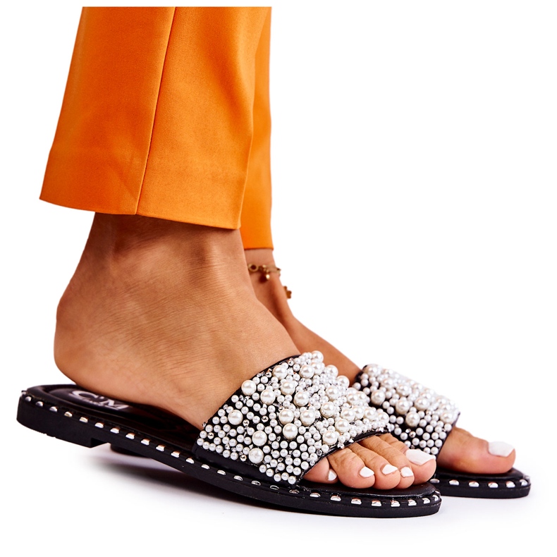 PG2 Chinelos femininos com pérolas pretas Vamero preto