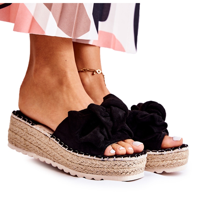 PG2 Chinelos femininos em cunha com laço preto Tayla PG2 Chinelos femininos em cunha com laço preto Tayla