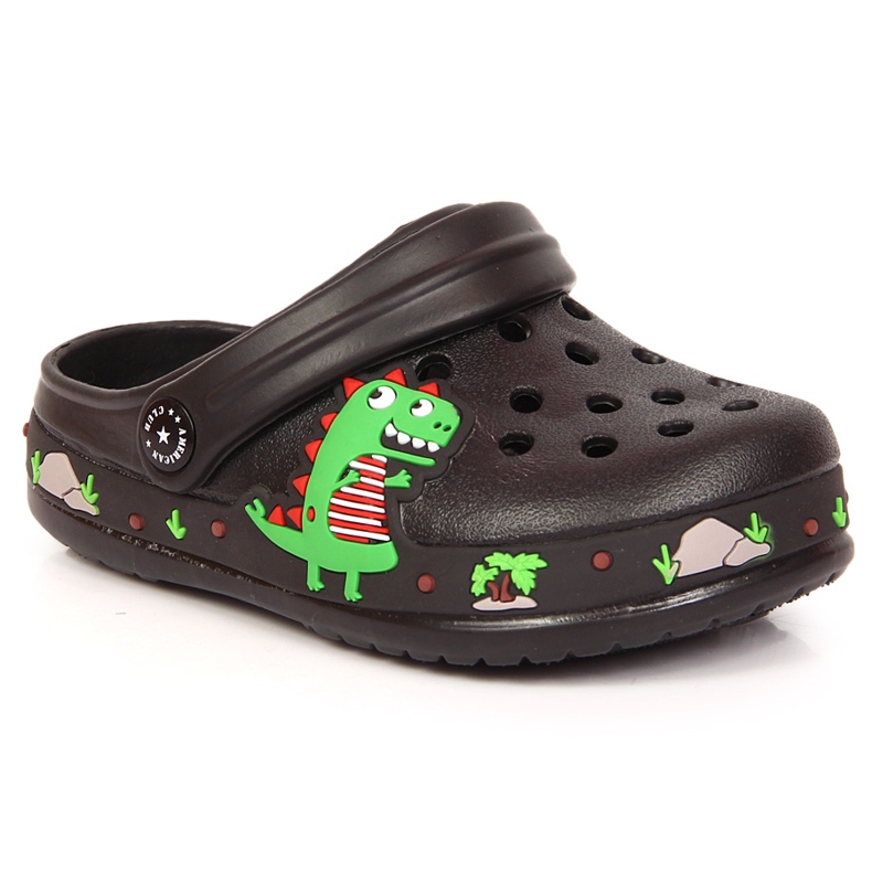 Chinelos Black American Club Cokes com um dinossauro preto