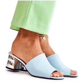 PA2 Chinelos femininos de couro com salto azul Perry