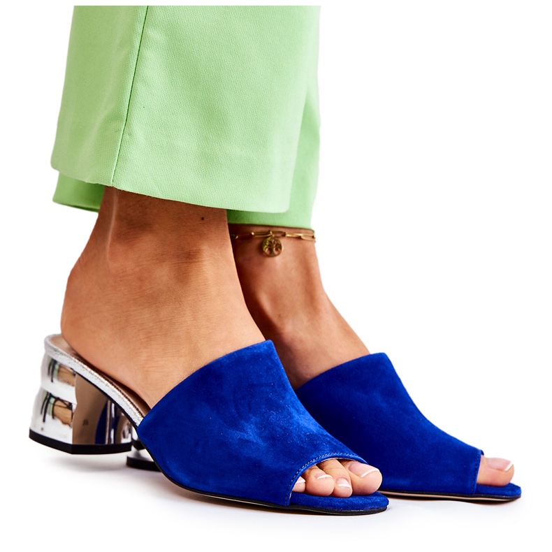 PA2 Chinelos femininos de camurça no calcanhar azul marinho Perry prata