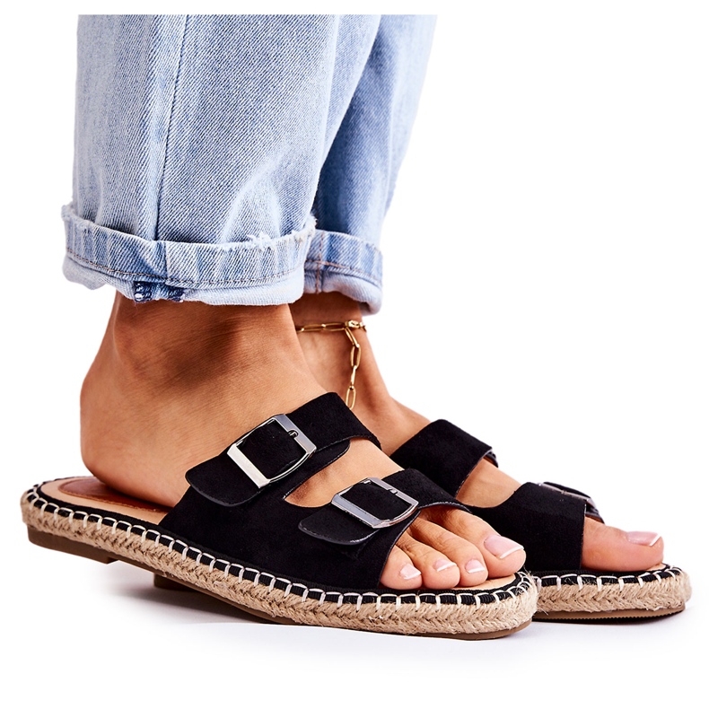 PG1 Chinelos femininos de camurça clássicos pretos Casilda