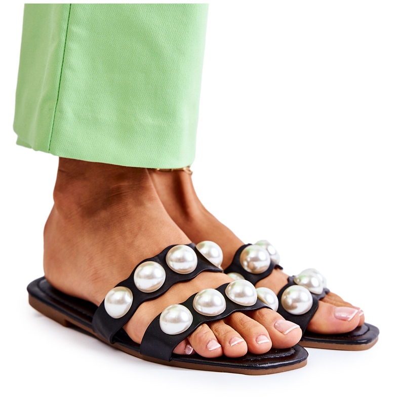 PG1 Chinelos femininos de couro com pérolas decorativas pretas Lasello preto