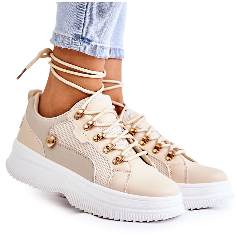 PG1 Tênis esportivo feminino de couro bege Salmira