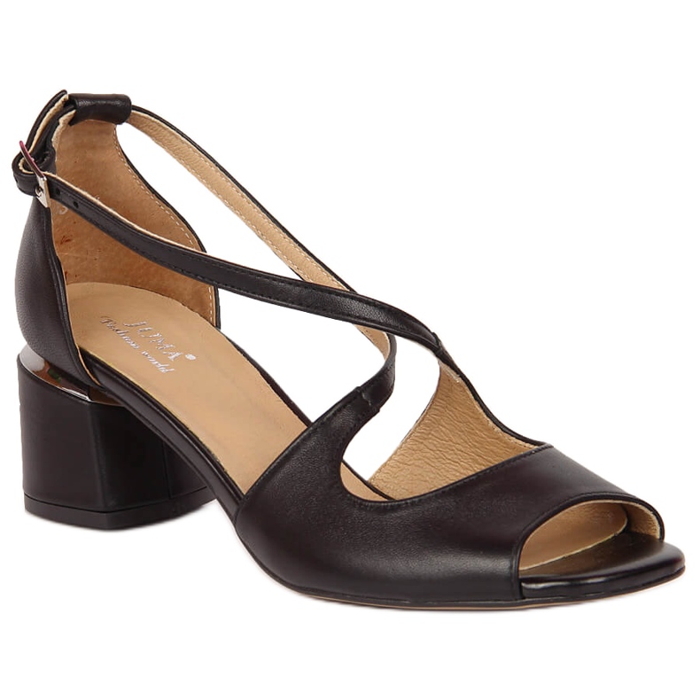 Sandália feminina de couro preto com salto alto Juma