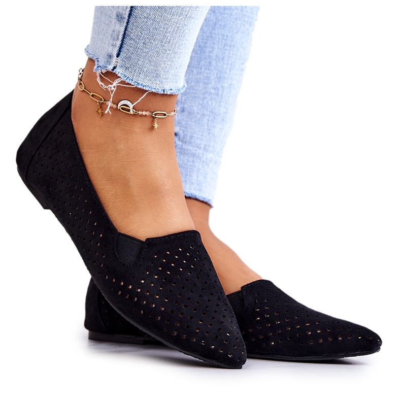 LU BOO Bailarinas femininas Openwork Slip-on Black Rosario preto